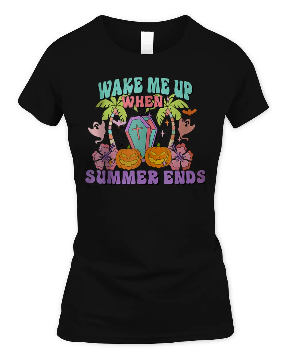 Wake Me Up When Summer Ends Halloween Groovy Summer Vibes T-Shirt Women's Soft Style Fitted T-Shirt black s