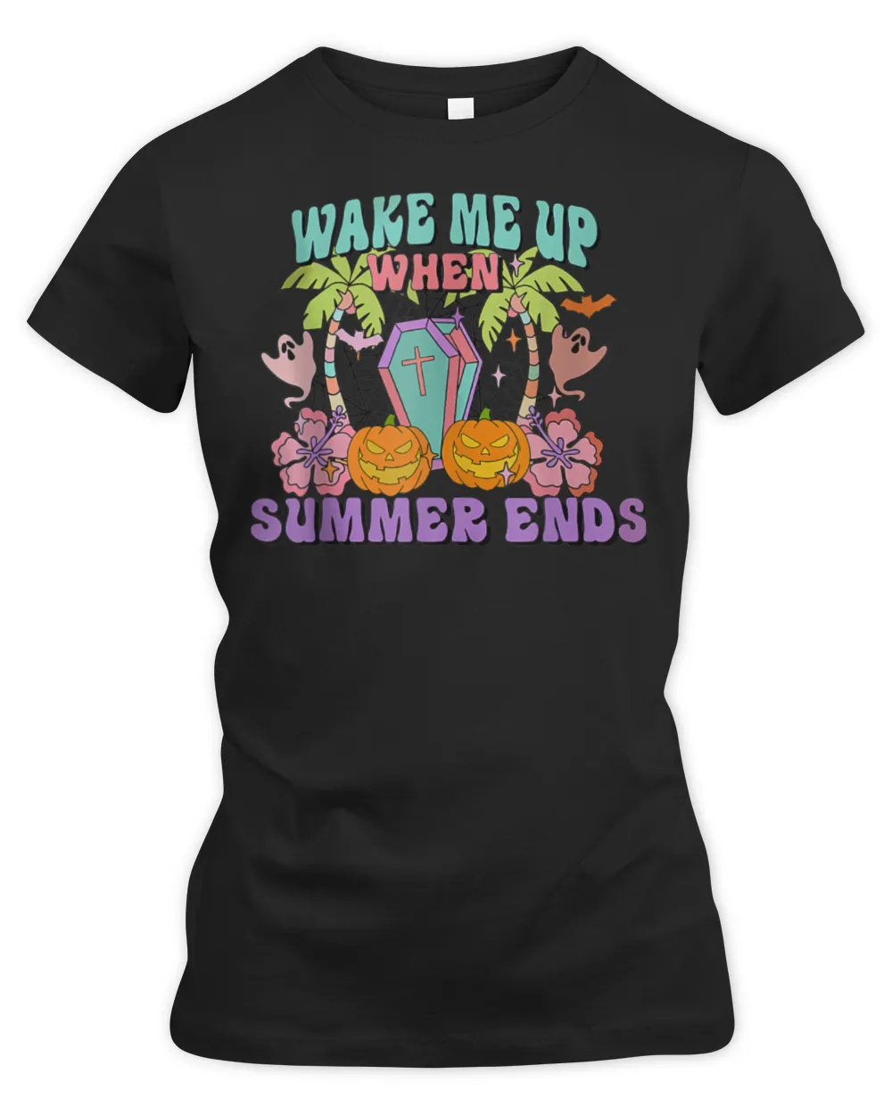 Wake Me Up When Summer Ends Halloween Groovy Summer Vibes T-Shirt Women's Premium Slim Fit Tee black s